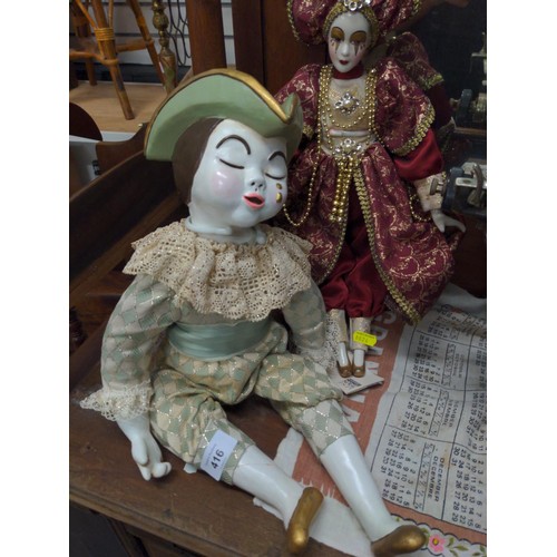 416 - Harlequin Florindo doll with one other. Both have ceramic heads/ hands/ feet.  Tallest 51cm.