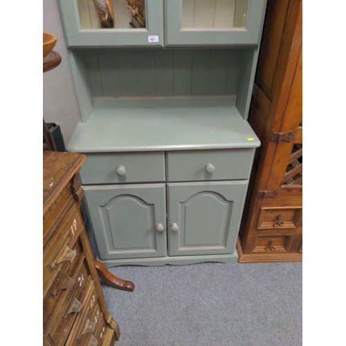 423 - Glazed topped, shelved dresser in pine. Calk  painted blue /green with 2 lower drawers. Width 80cm x... 