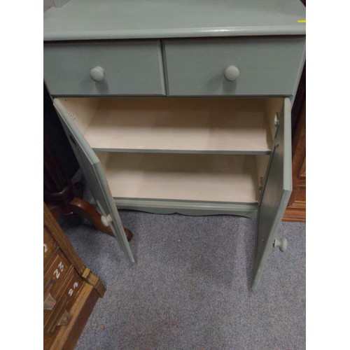 423 - Glazed topped, shelved dresser in pine. Calk  painted blue /green with 2 lower drawers. Width 80cm x... 