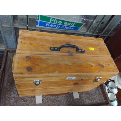 433 - Pine shoe shine box with internal drawers & contents. 