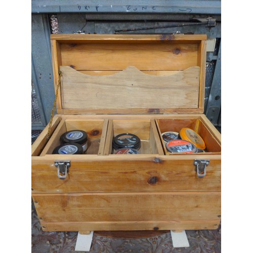 433 - Pine shoe shine box with internal drawers & contents. 