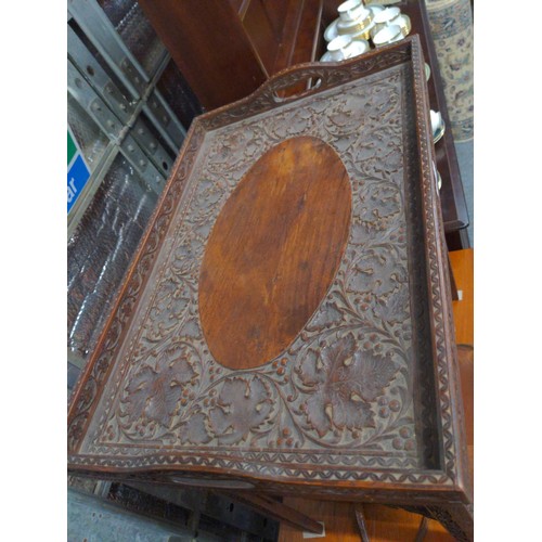 435 - Indian carved folding table/tray. Tray removes to enable table to fold. 