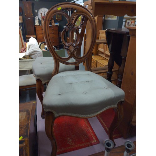 464 - 2 balloon back mahogany dining chairs. Upholstered in sage green.