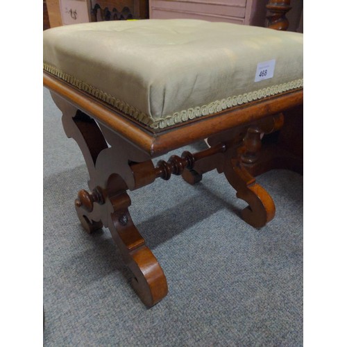 468 - Mahogany dressing table stool with end carvings.