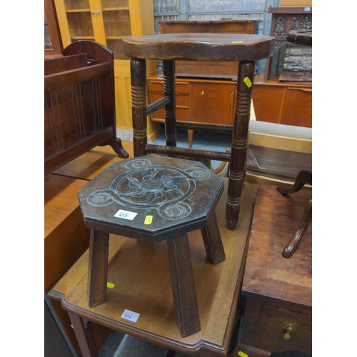 473 - 2 stools, one carved oak & one pine (height 53cm)