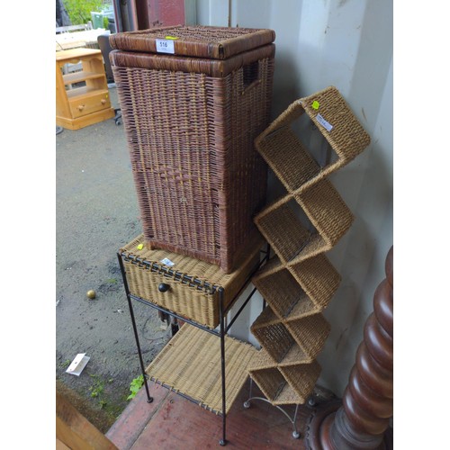 516 - Small laundry basket, metal framed single drawer unit and diamond shaped storage unit