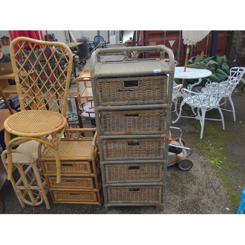 867 - Two wicker drawer units, wicker magazine rack and a bamboo chair