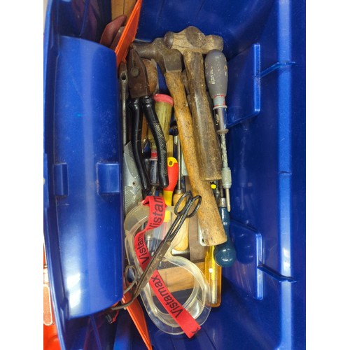 635 - Keter blue plastic tool box with small quantity of tools inc hammers & screwdrivers, with a pair... 