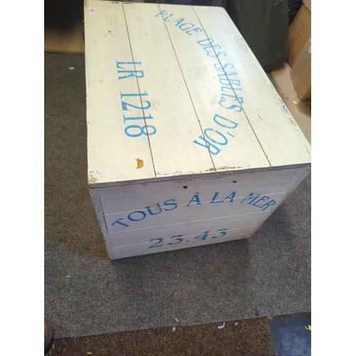 664 - White painted wooden box with blue writing 'Plage de Sable D'or', 72x48x43 cms