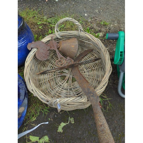 938 - Small wicker basket with two handles, door bell with cockerel and an old scythe