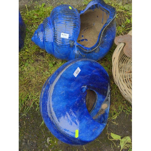 939 - Two blue glazed shell-shaped planters