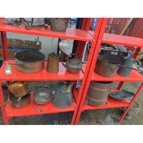 723 - 2 shelves of mostly cooper ware including saucepans