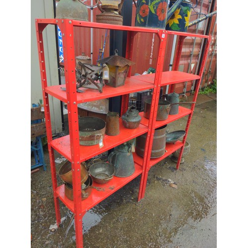 724 - 2 red metal 3 shelf units, 70 x 30 x 145