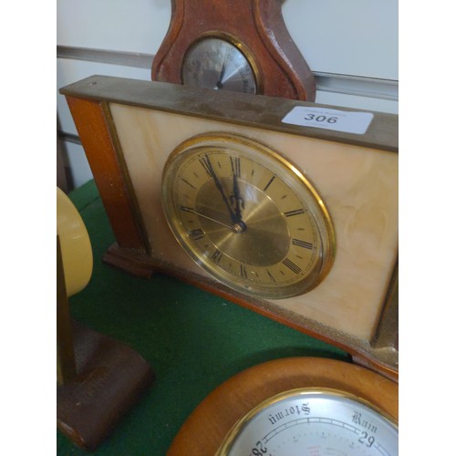 306 - Garrard 8 day clock  & 2 barometers & 8 day Metamec clock.