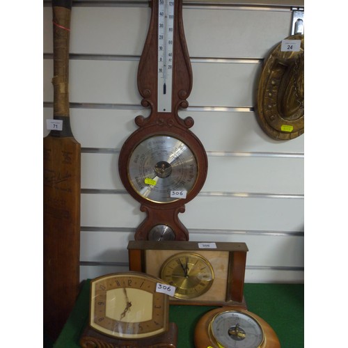 306 - Garrard 8 day clock  & 2 barometers & 8 day Metamec clock.