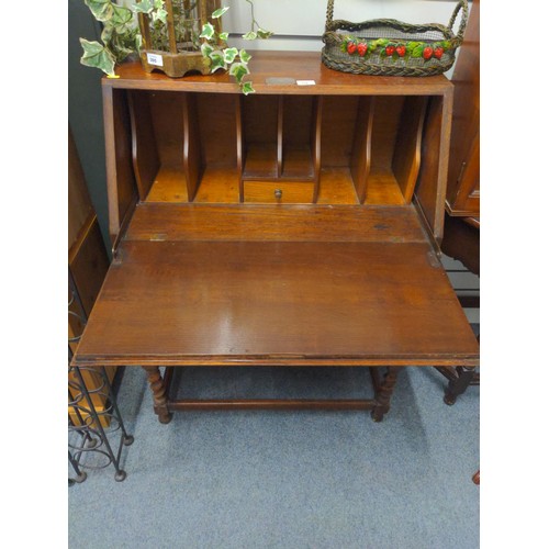 398 - Oak 2 drawer drop down bureau with internal pigeon holes and small drawer inside Presbyterian Church... 