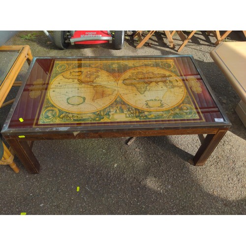 117 - Metal framed glass topped coffee table with map under glass