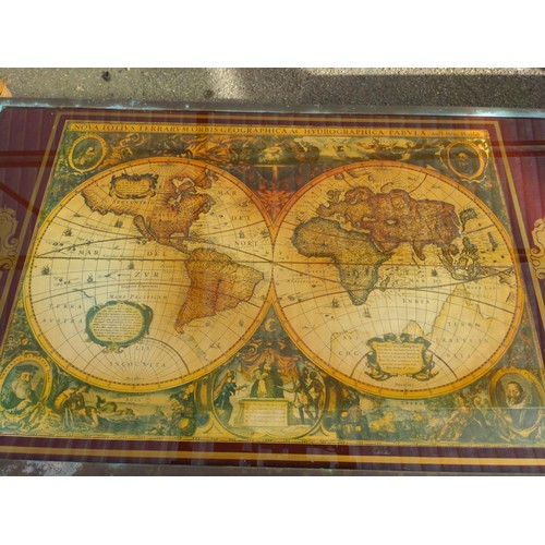 117 - Metal framed glass topped coffee table with map under glass