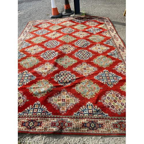 896B - 4 meter x 3 meter Bond Worth Severn Axminster Seamless square rug in mainly reds and blue.