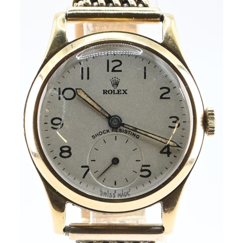 Rolex 9ct gold cased watch, shock resisting, with subsidiary seconds, 15 rubis, black Arabic numerals, case diameter 30mm, on Chaincraft 9ct gold strap, with personalised inscription verso - dated 1950, gross weight 50.24 grams