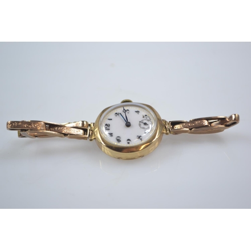 44 - 9ct gold cased ladies watch on 9ct gold sprung link strap, subsidiary seconds and enamel face dia. 2... 