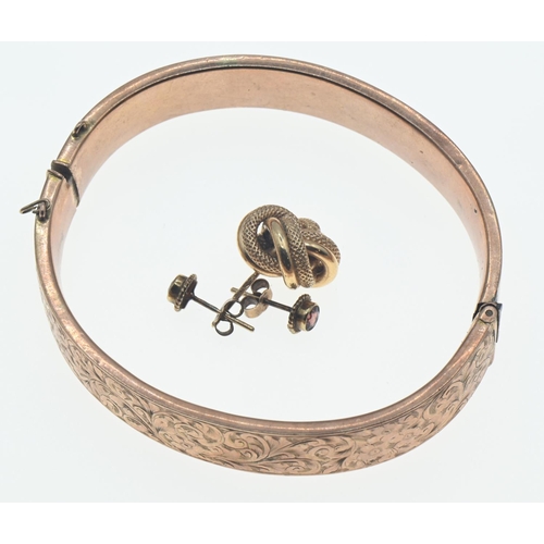 83 - Scrap - 9ct gold bangle (12.2g), single 9ct earring and pair of 9ct stones set earrings. (Gross 2.1g... 