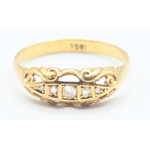 99 - 18ct gold ring with 5 square set diamonds and scrolled detail. Size T Gross weight 2.5g