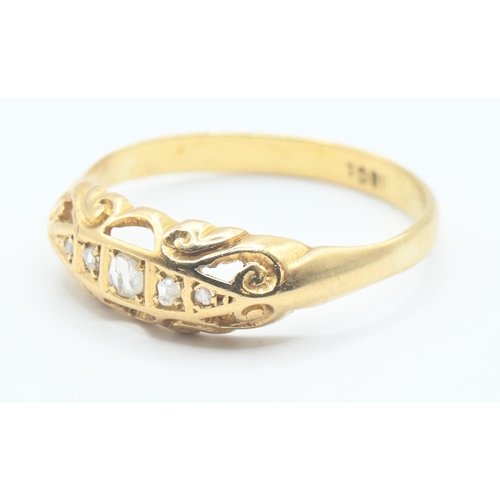 99 - 18ct gold ring with 5 square set diamonds and scrolled detail. Size T Gross weight 2.5g