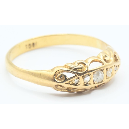 99 - 18ct gold ring with 5 square set diamonds and scrolled detail. Size T Gross weight 2.5g