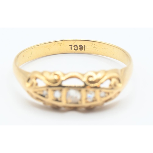 99 - 18ct gold ring with 5 square set diamonds and scrolled detail. Size T Gross weight 2.5g