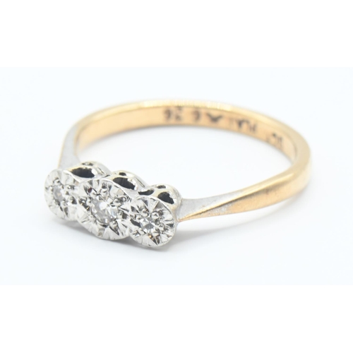 100 - 9ct gold and diamond trilogy ring with platinum mount, size L, gross weight 2 grams