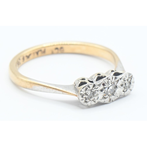 100 - 9ct gold and diamond trilogy ring with platinum mount, size L, gross weight 2 grams