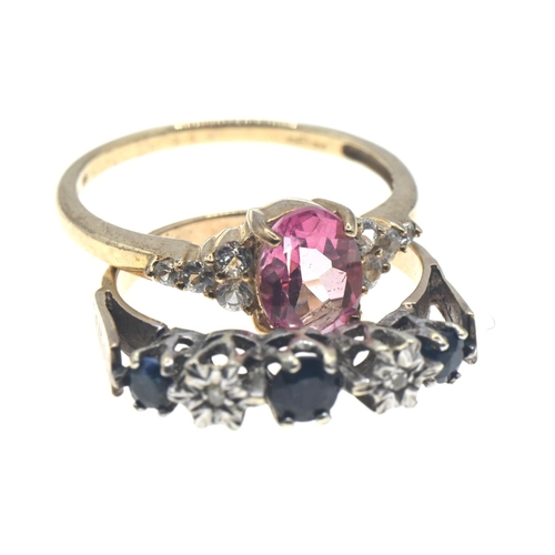 130 - Two 9ct gold rings one set with central oval pink topaz flanked with white stones, size O/P and blue... 