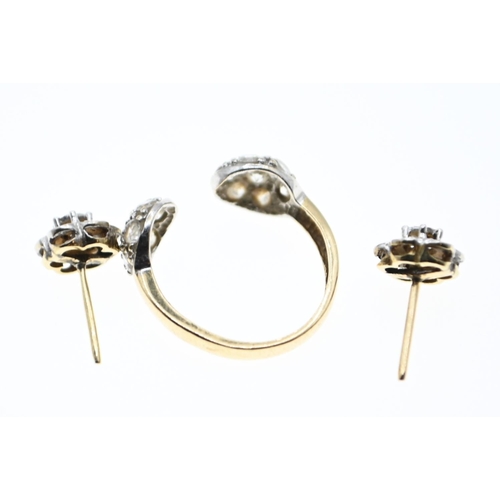 146 - 9ct gold and white stone ring, size M, together with a pair of yellow metal and white stone earrings... 