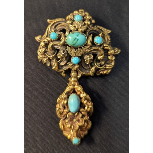 154 - Victorian yellow metal mourning brooch set with turquoise. With bale for use a pendant. Tests positi... 