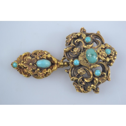 154 - Victorian yellow metal mourning brooch set with turquoise. With bale for use a pendant. Tests positi... 