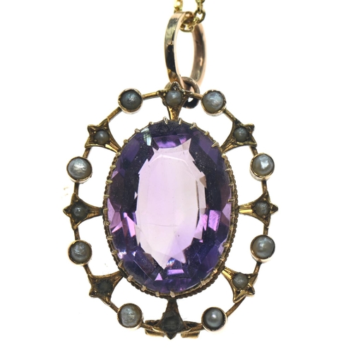 164 - Oval cut amethyst (approx. 20mm x 15mm) & seed pearl yellow metal pendant (converted from a broo... 