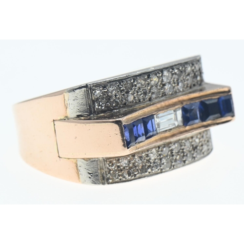 165 - Deco style diamond and sapphire ring, set in yellow metal testing positive for 18ct gold, size O, gr... 