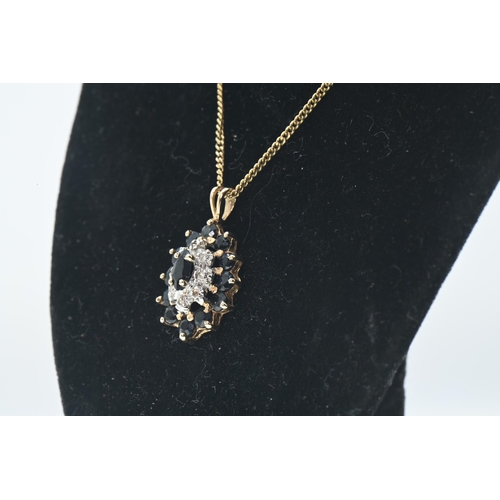 167 - 14ct gold sapphire and diamond pendant suspended on a 9ct gold chain, circumference 46cm, length of ... 