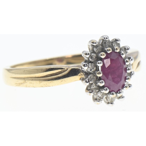 183 - 9ct gold, ruby and diamond cluster ring, size P, gross weight 3 grams