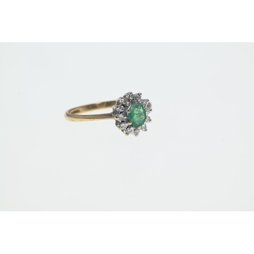 185 - 9ct gold,  emerald and diamond cluster ring, size J. 1.38g