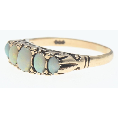 212 - 9ct gold and five opal ring, size P, gross weight 2.8 grams