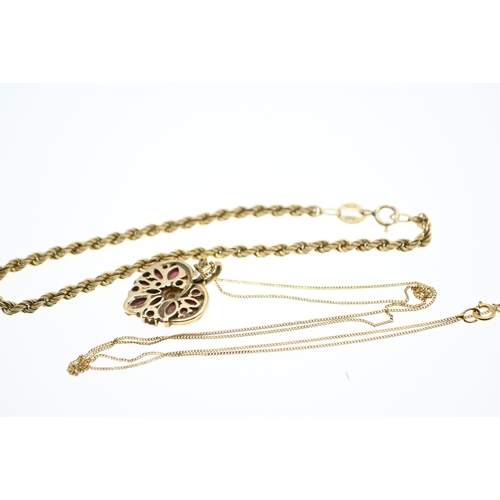 222 - 9ct gold: neck chain with ruby set heart pendant (44cm circumference) together with a rope twist bra... 