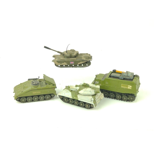 370 - Four WW2 armoured vehicles by Dinky and Corgi. Centurian MK111, Alvis Striker, Shado 2, Alvis Scorpi... 