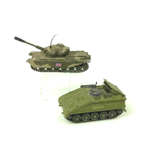 370 - Four WW2 armoured vehicles by Dinky and Corgi. Centurian MK111, Alvis Striker, Shado 2, Alvis Scorpi... 