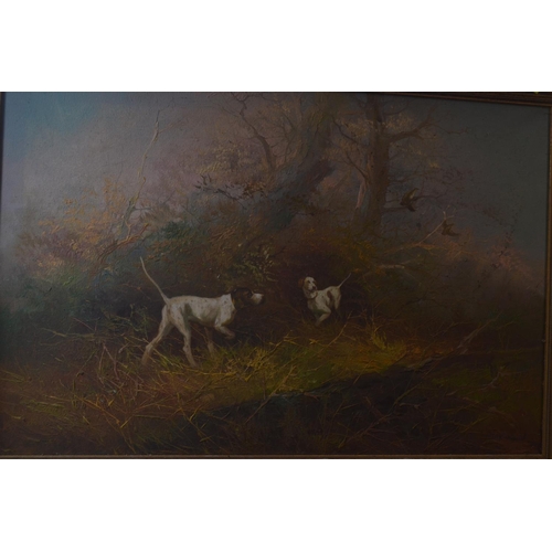 421 - J.Kingman (C20th), oil on canvas of two pointers raising game amongst woodland, signed lower right, ... 