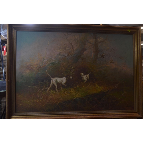 421 - J.Kingman (C20th), oil on canvas of two pointers raising game amongst woodland, signed lower right, ... 