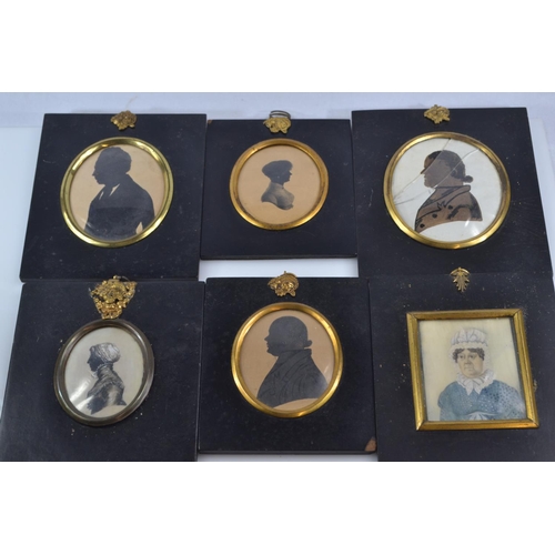 426 - Six miniature portraits/silhouettes, framed, largest 15 x 12cm