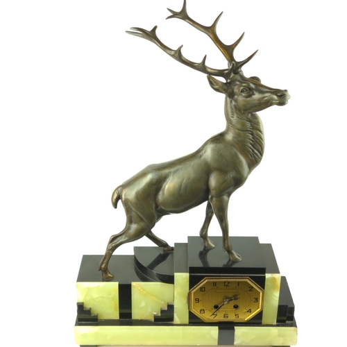 433 - Large bronze stag slate and onyx clock L43cm 65cm