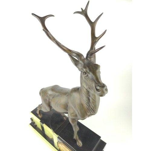 433 - Large bronze stag slate and onyx clock L43cm 65cm